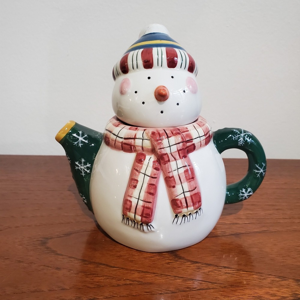 Debbie‎ Mumm Sakura hand painted ceramic snowman mini teapot 6"